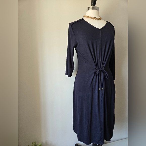 OLSEN Lightweight, Stretchy Navy Blue Midi Dress With Cinchable Belt. Size 12 - Picture 2 of 10